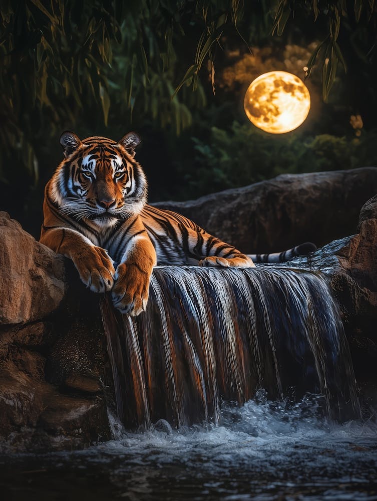 Tiger By The Waterfall. Generated AI. 3