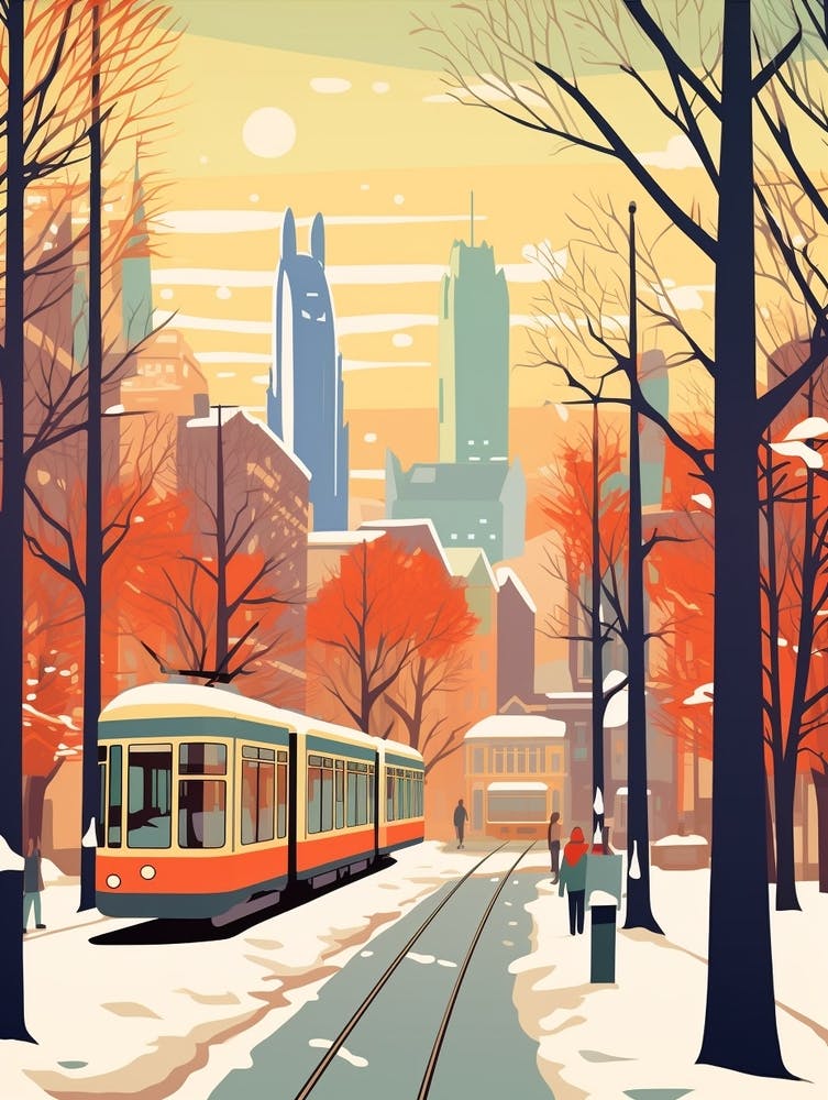 Vintage Winter Travel Illustration Frankfurt Germany 2