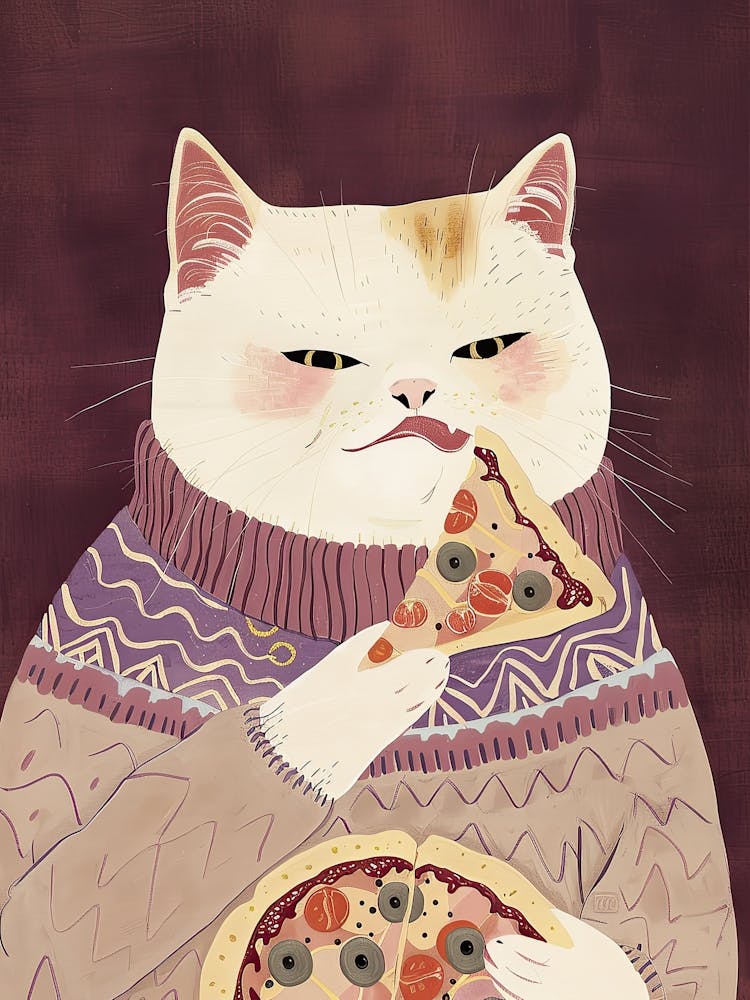 Cute White Cat Pizza Lover Folk Illustration 2