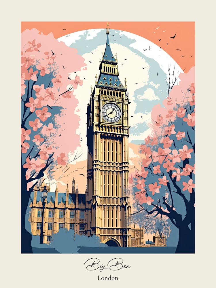 Big Ben, London   Cute Botanical Illustration Travel 9 Poster