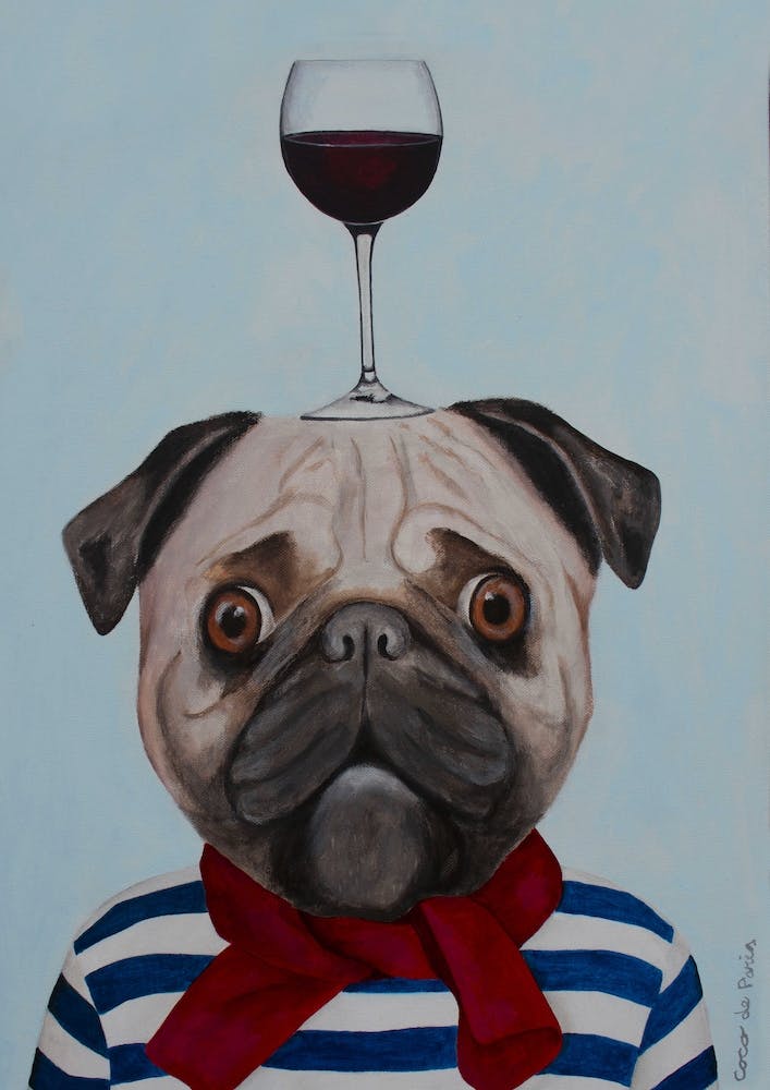 Pug With Wineglass Blue & Brown