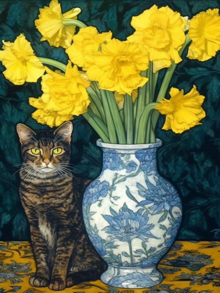 Daffodils With A Cat 1 William Morris Style