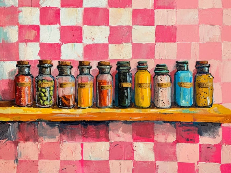 Spices On Shelves Pink Checkerboard 1