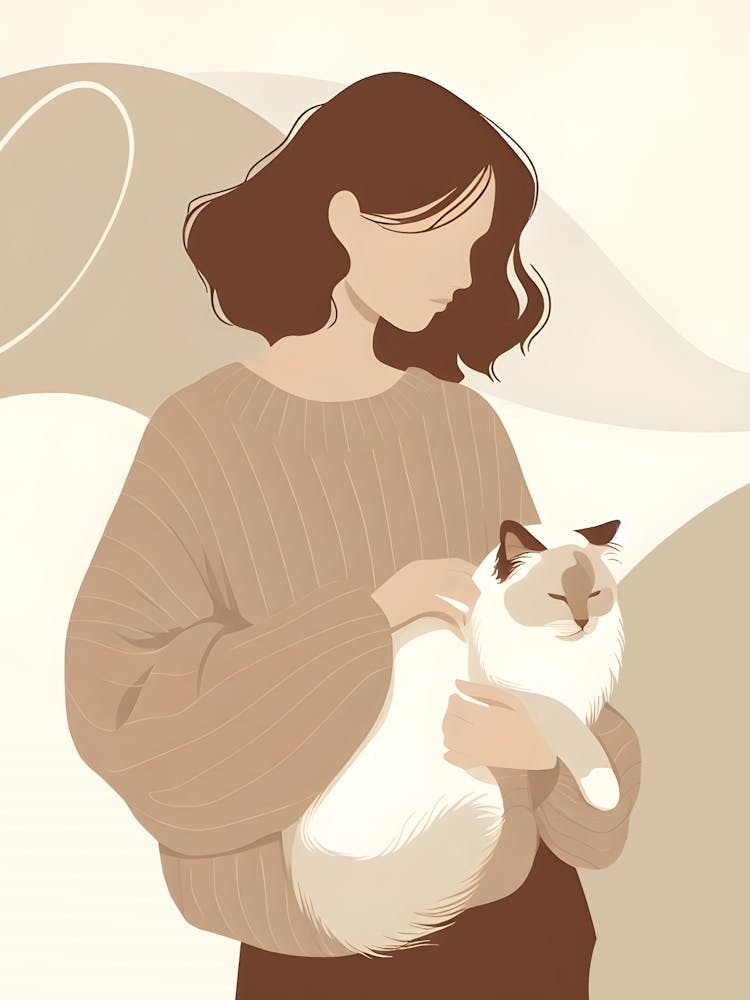 Girl with a Fluffy Cat – Flat Vector Illustration 2