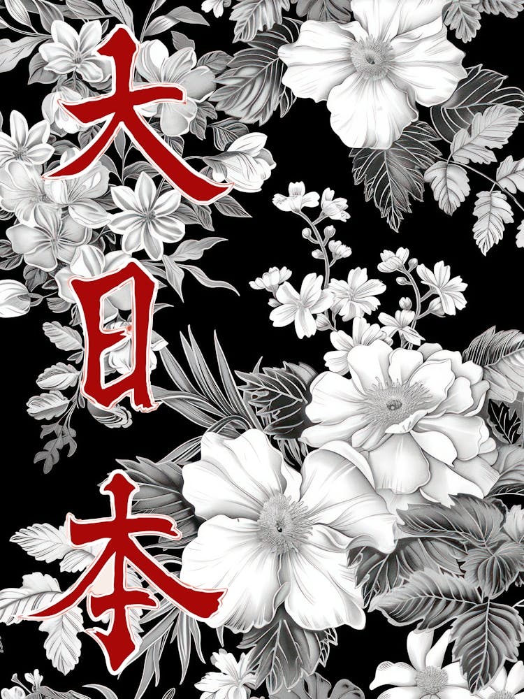 Hokusai Great Japan Poster Monochrome Flowers 12