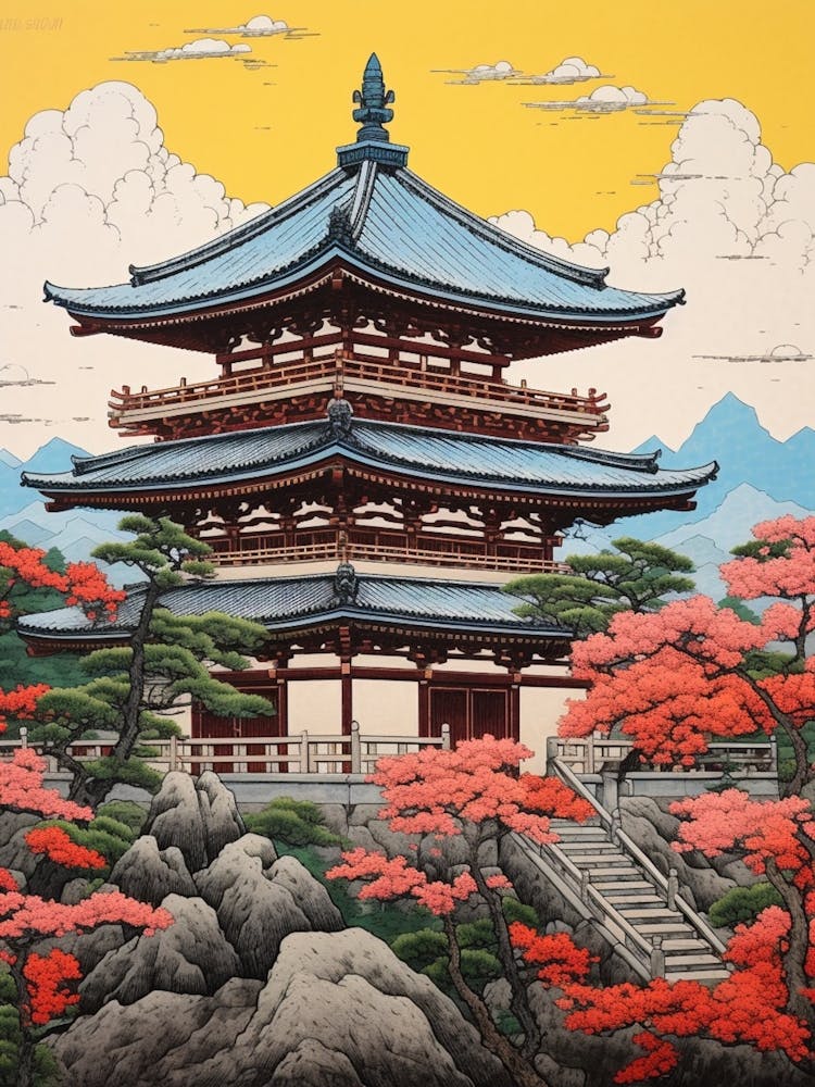 Yamadera Temple, Japan Vintage Travel Art 1