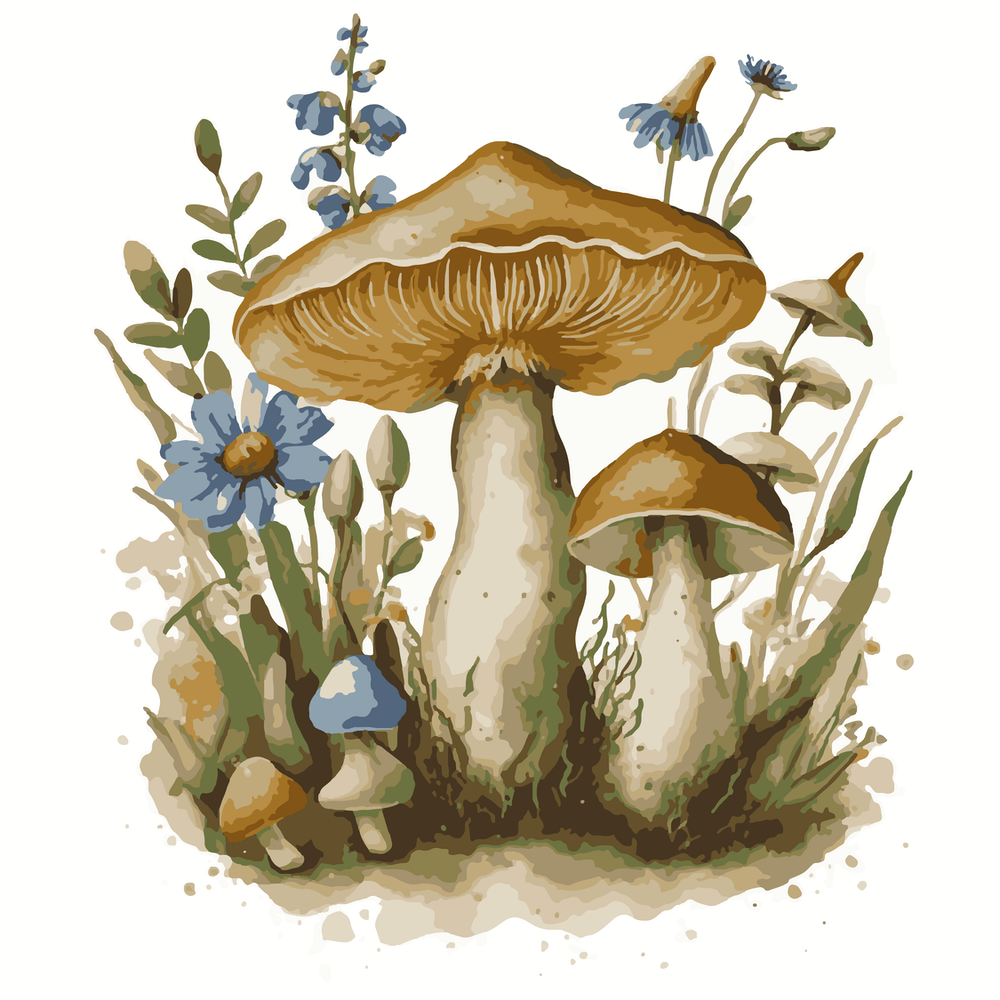 Mushrooms And Flowers, Delicate Watercolor Petals style.