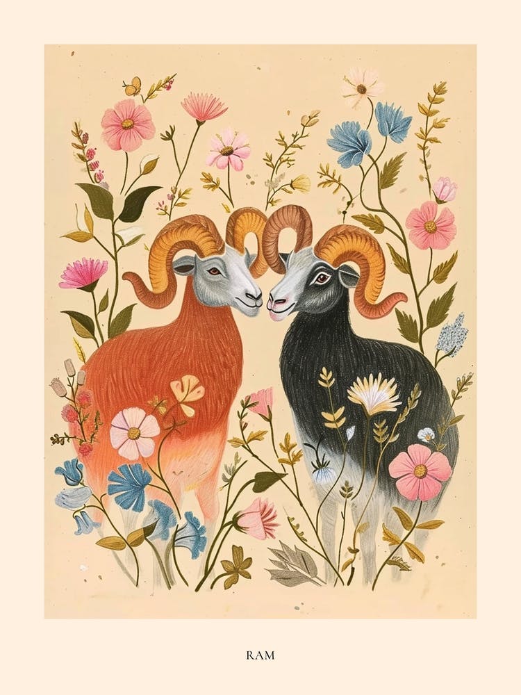 Folksy Floral Animal Drawing Ram Poster