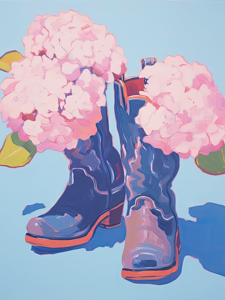 A Painting Of Cowboy Boots With Pink Flowers, Fauvist Style, Still Life 1