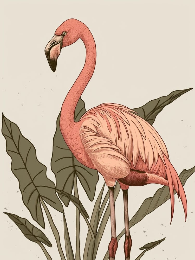 American Flamingo And Alocasia Elephant Ear Minimalist Illustration 3