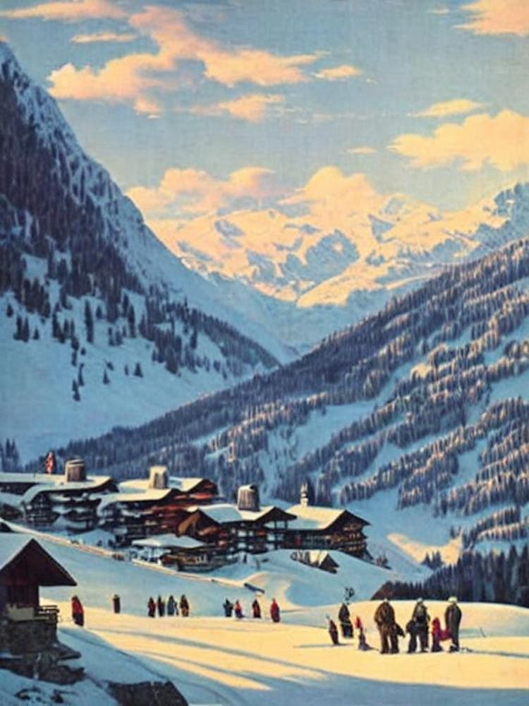 Verbier, Switzerland Ski Resort Vintage Landscape 1 Skiing Poster
