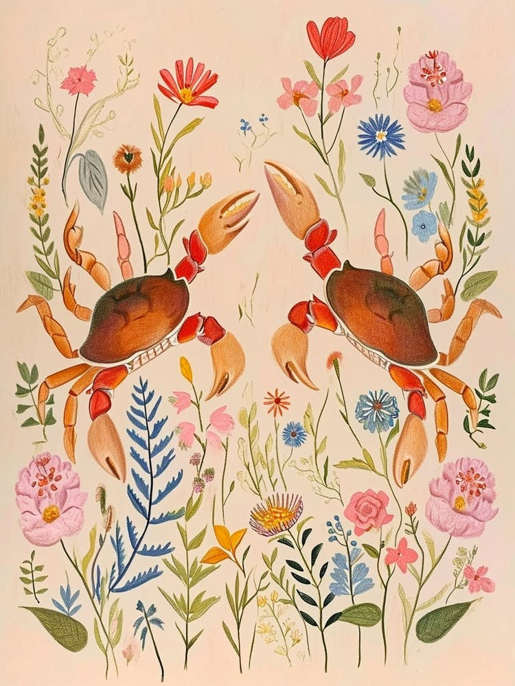 Folksy Floral Animal Drawing Crab