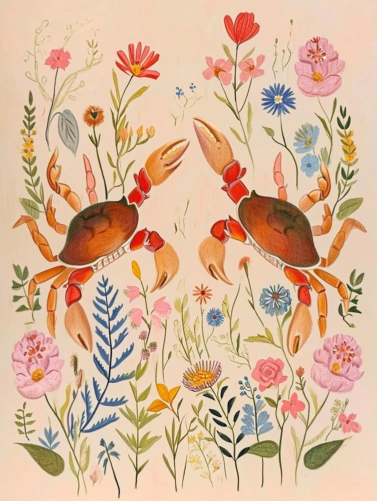 Folksy Floral Animal Drawing Crab
