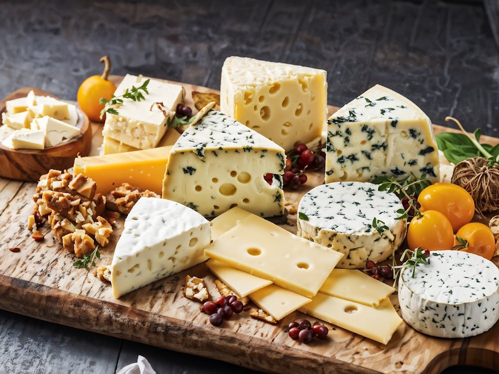 A Meticulously Arranged Platter Showcasing Various Cheeses Each With Distinctly Different Textures
