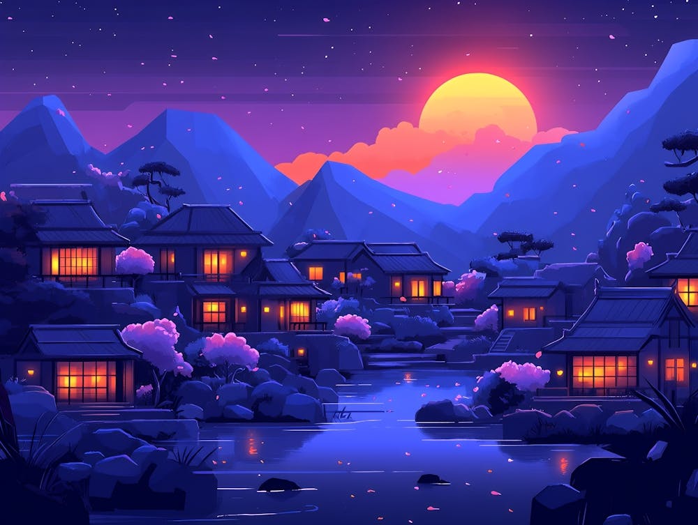Asian Village At Night
