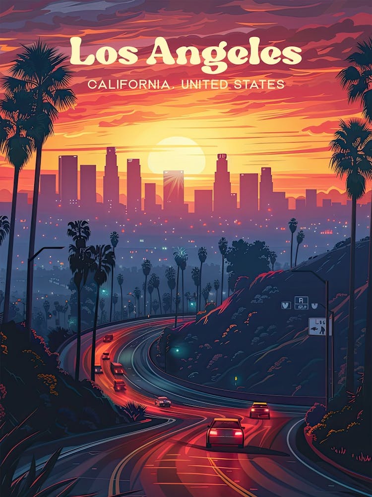 Los Angeles California Sunset Art Illustration