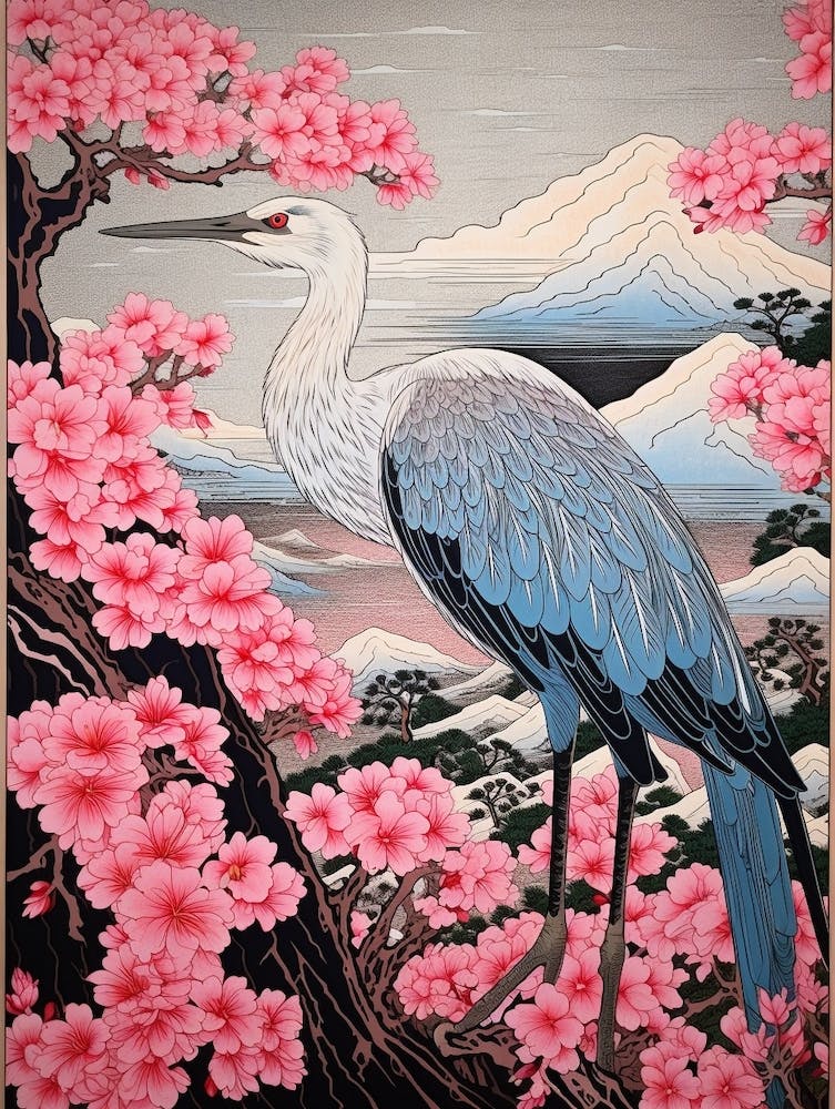Pink Blossoms And Crane 2 Vintage Japanese Botanical