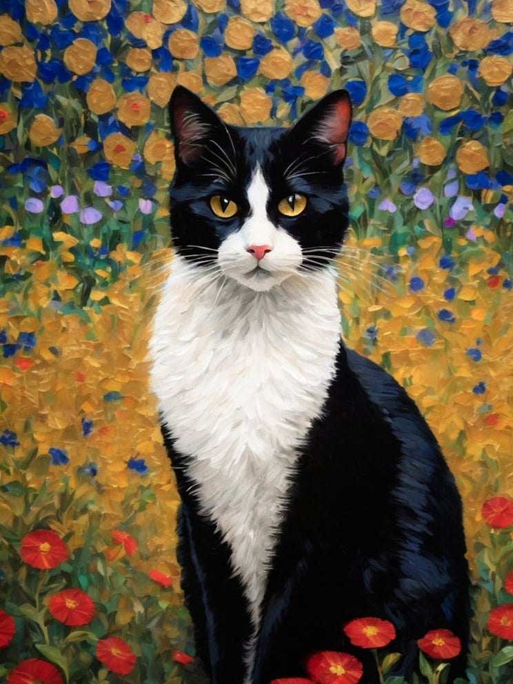 Klimt Style Tuxedo Black and White Cat in Garden Flowers With Gold Leaf Painting - Poppies, Royal Blue Funny Monet Waterlillies For Gallery Feature Wall HD High Resolution