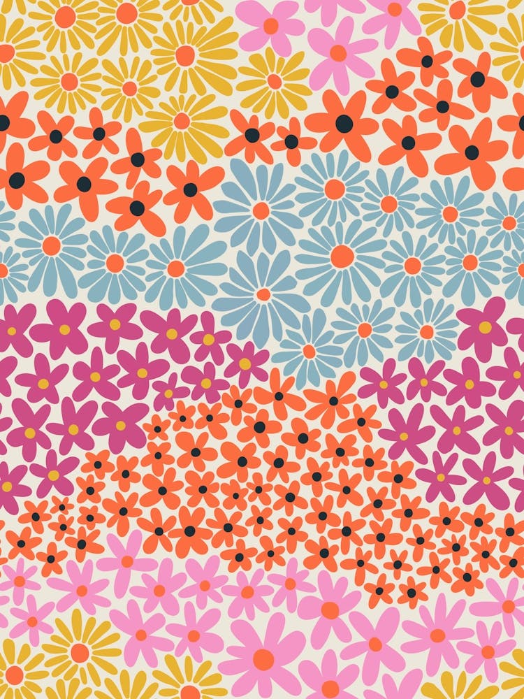 Floral Harmony Rolling Flower Hills Pink, Magenta, Blue, Yellow, and Orange