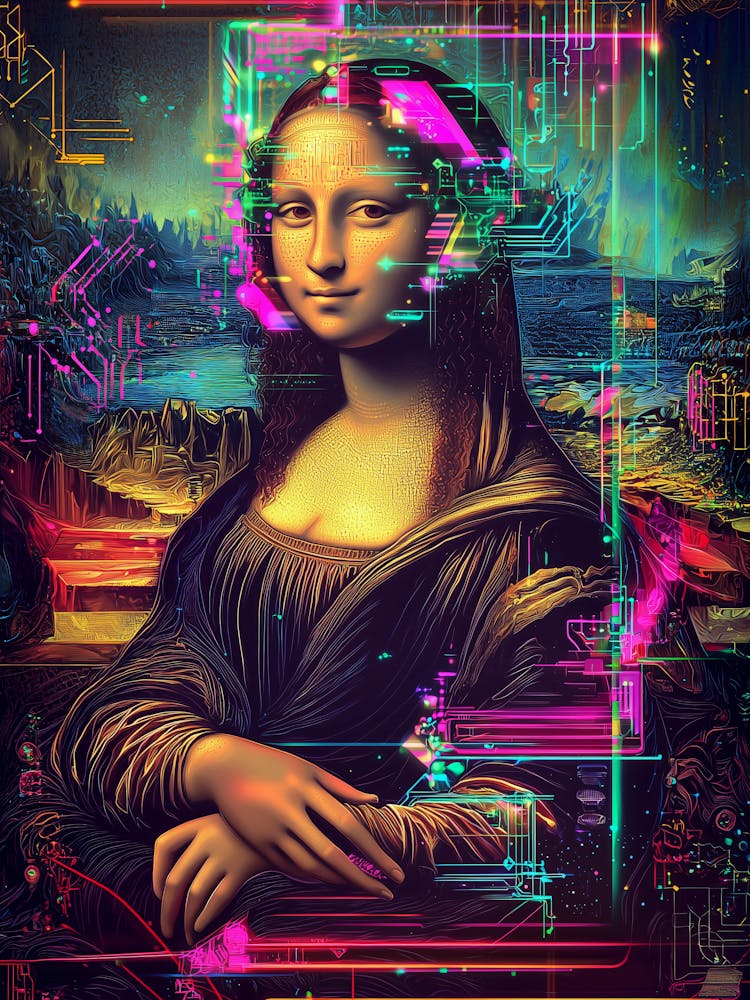 Mona Lisa inspired by Da Vinci, Reimagined Masterpiece in Synthwave Cyberpunk style.