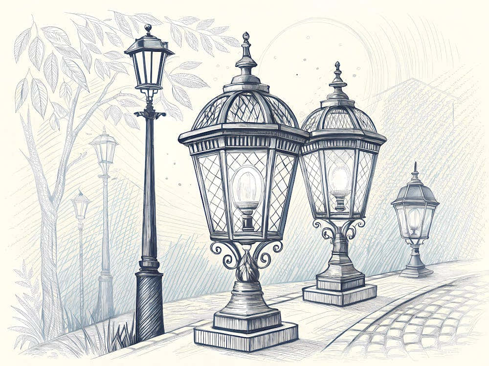Minimalist Ink Sketch Of Antique Street Lanterns