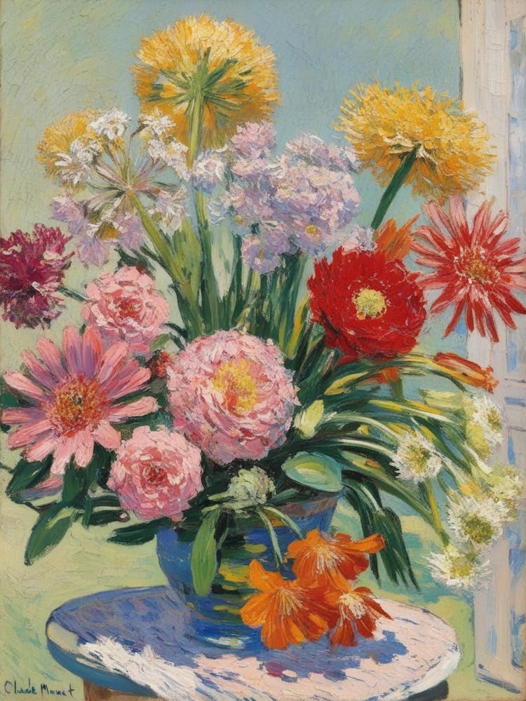 Flowers In A Blue Vase Inspired By Claude Monet