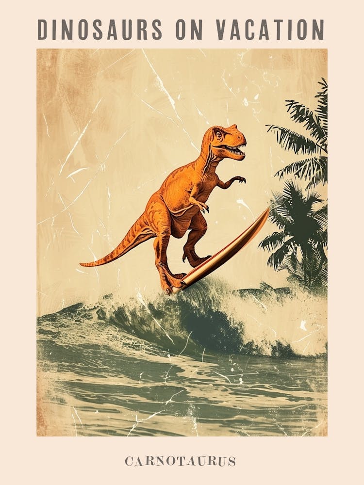 Affiche Vintage Dinosaure Carnotaurus sur une Planche de Surf 3