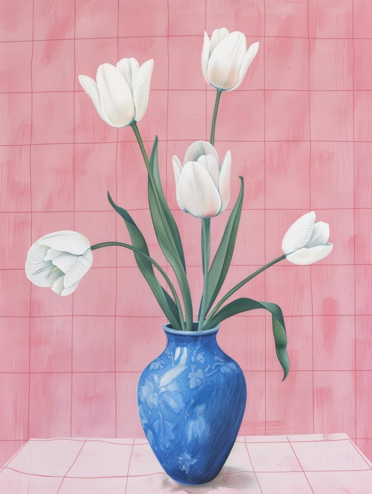 White Tulips In Blue Vase