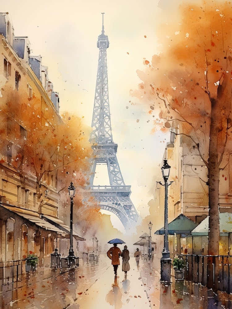 Paris France In Autumn Fall, Watercolour 3