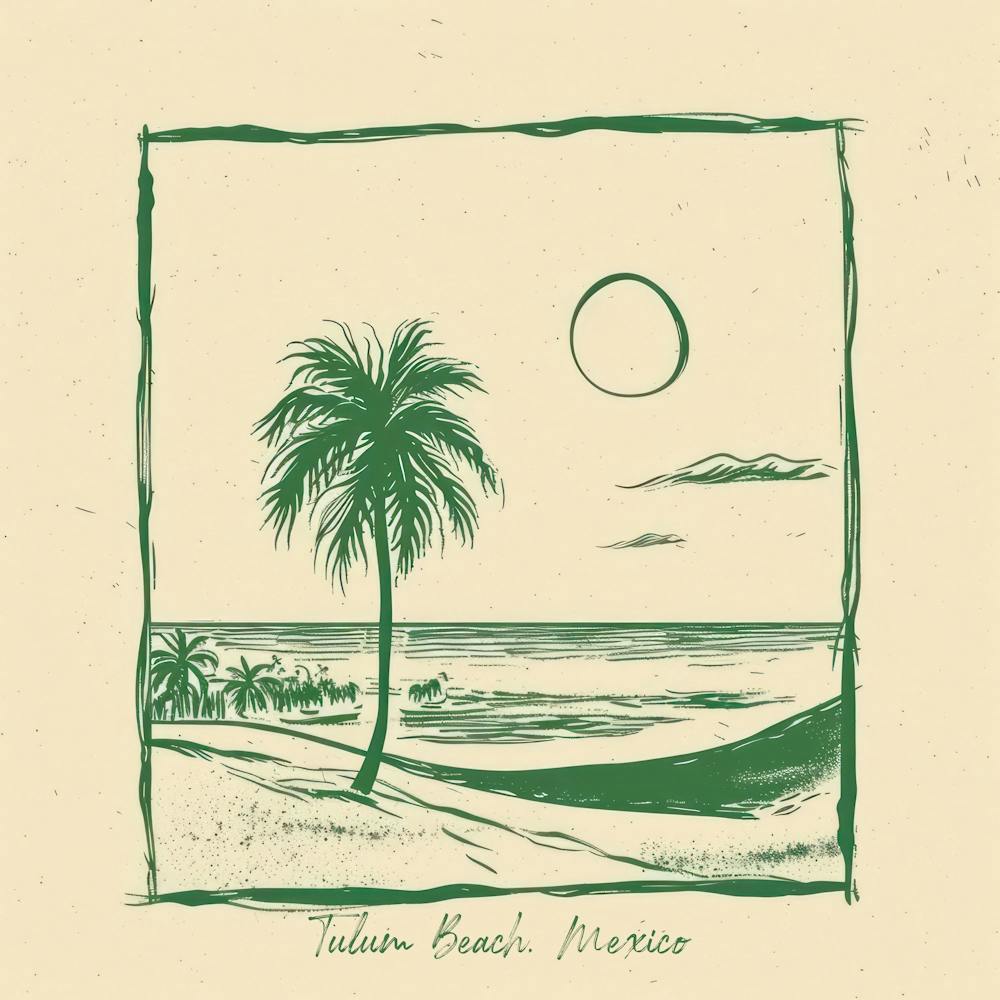 Tulum Beach, Mexico Green Line Art Illustration