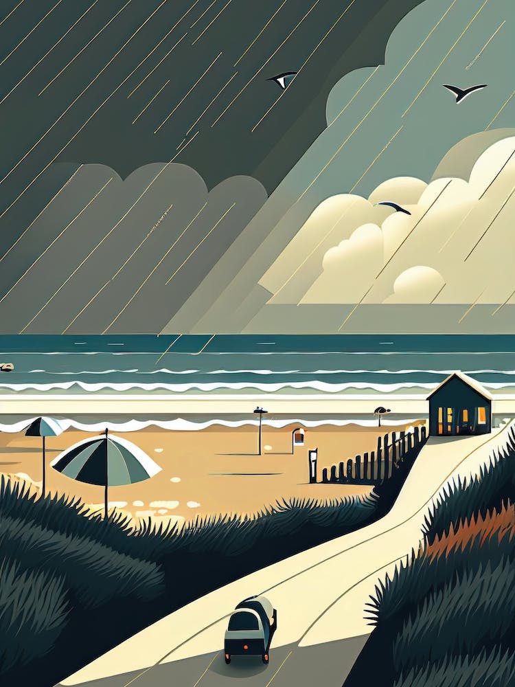 Rainy Beach in South England - Retro Landscape Beach and Coastal Theme Travel Poster