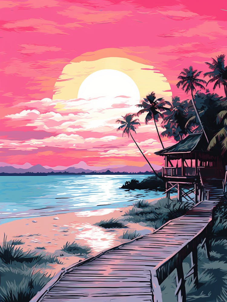An Illustration In Pink Tones Of  Gili Trawangan Beach Indonesia 3
