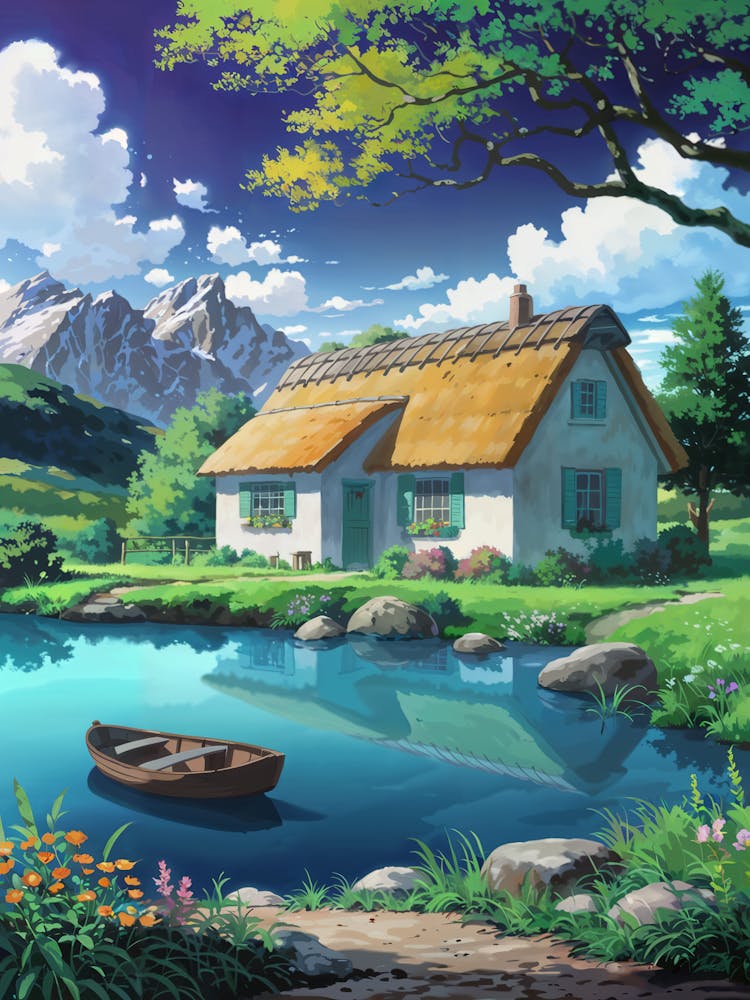 Anime Canvas Art: Cozy Cottage with Orange Roof, Blue Pond, Yellow Blossoms, and Mountain Backdrop, Perfect for Lofi Aesthetic and Tranquil Nature Lovers.