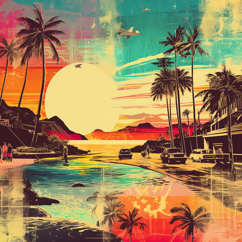 Vintage, Retro Travel Poster Tropical, Palm Trees, Airplane, Sun 7