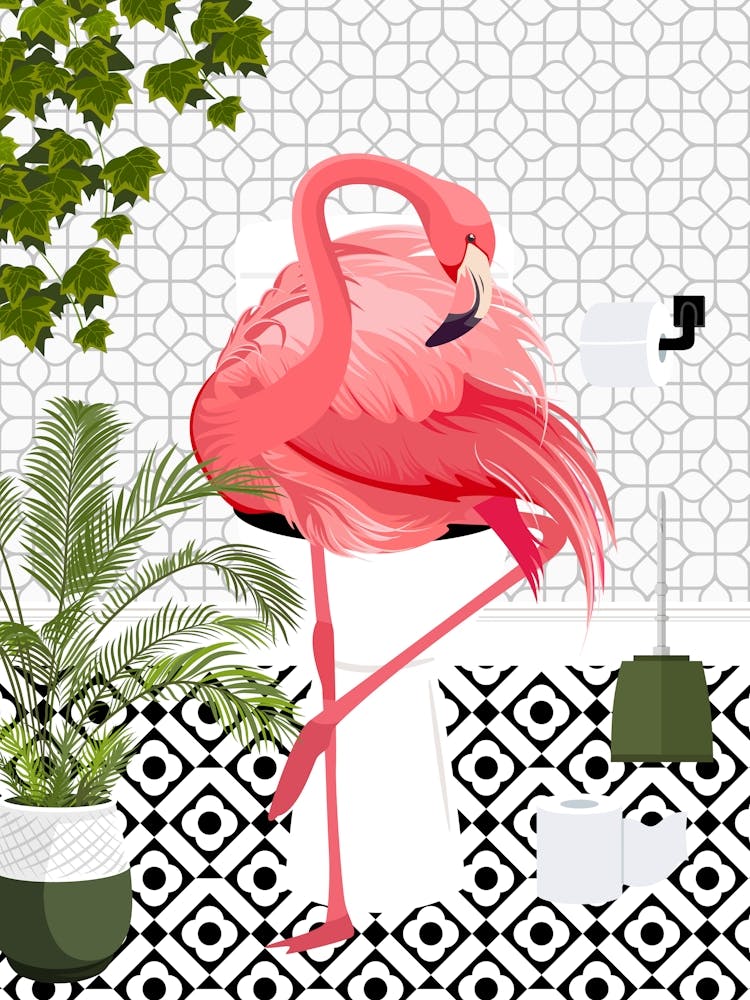 Flamingo On Toilet Black And White