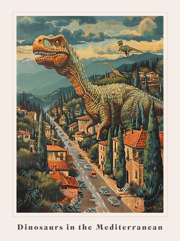 Dinosaurier streifen durch ein Mittelmeerdorf Poster