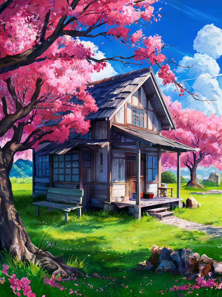 Lofi Anime Art: Rustic house under vibrant cherry blossoms, with a sunny countryside backdrop. Perfect for peaceful and nostalgic vibes.
