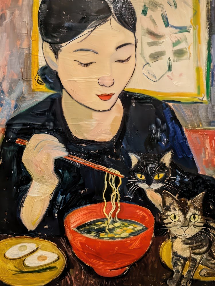 Portrait Of A Woman With Cats Eating Ramen 4