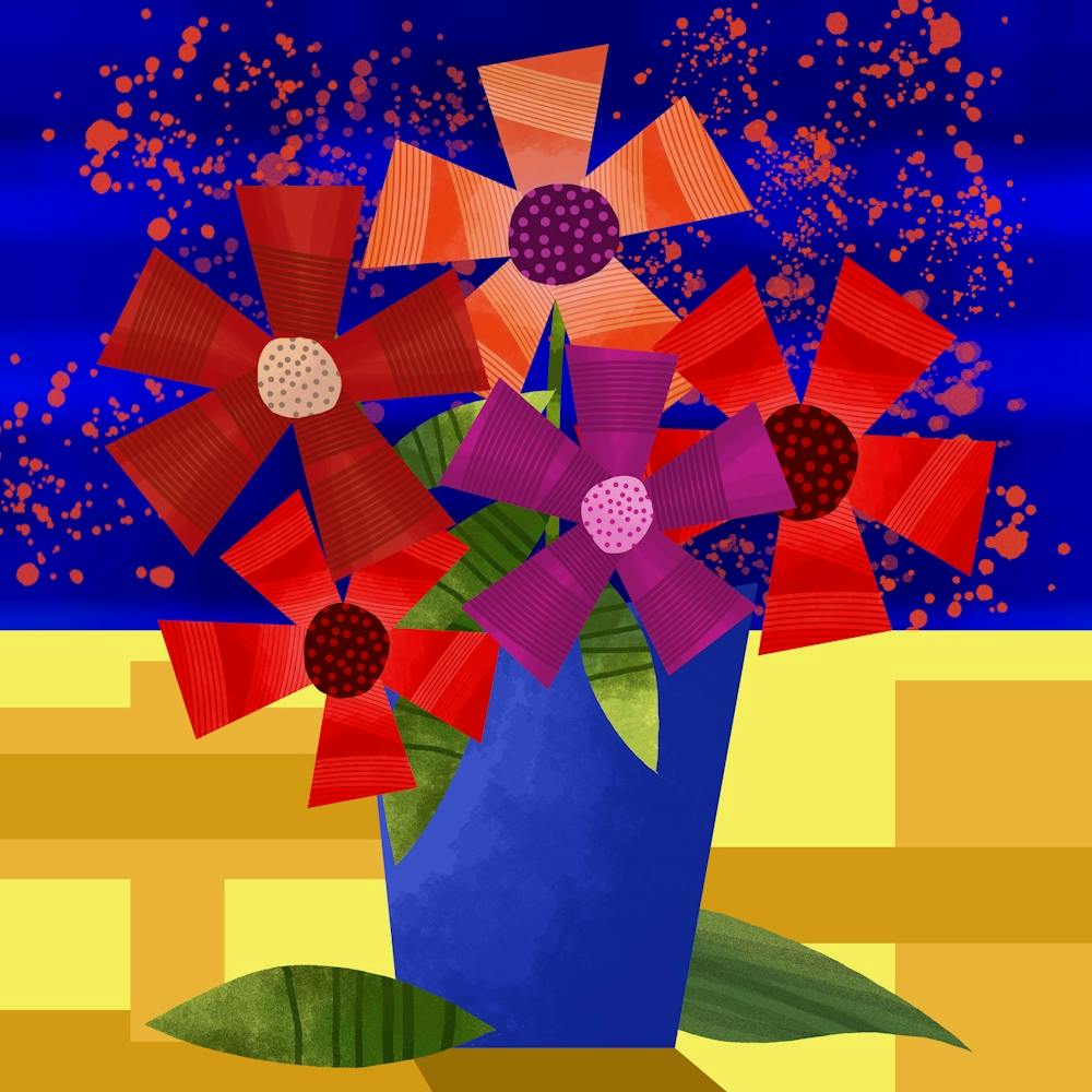 Vase Bleu de Fleurs Géométriques