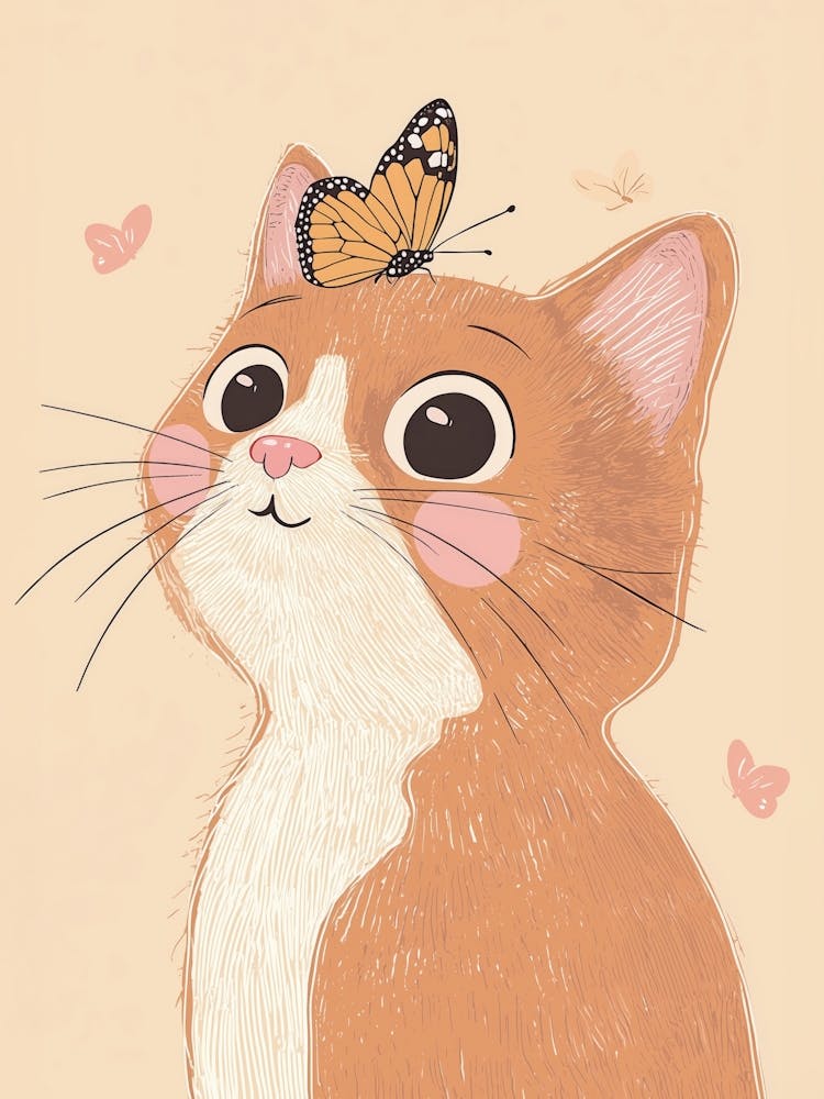 Cute Cat With Butterfly, Nursery Wall Art for Kids