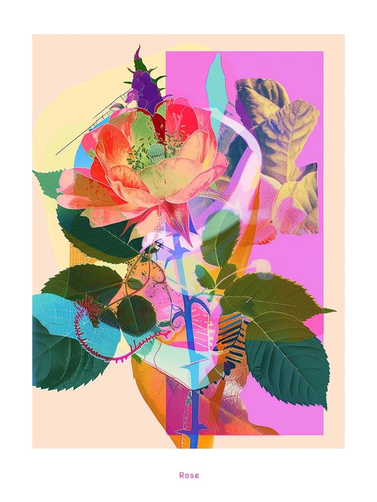 Rose 4 Neon Flower Collage Poster