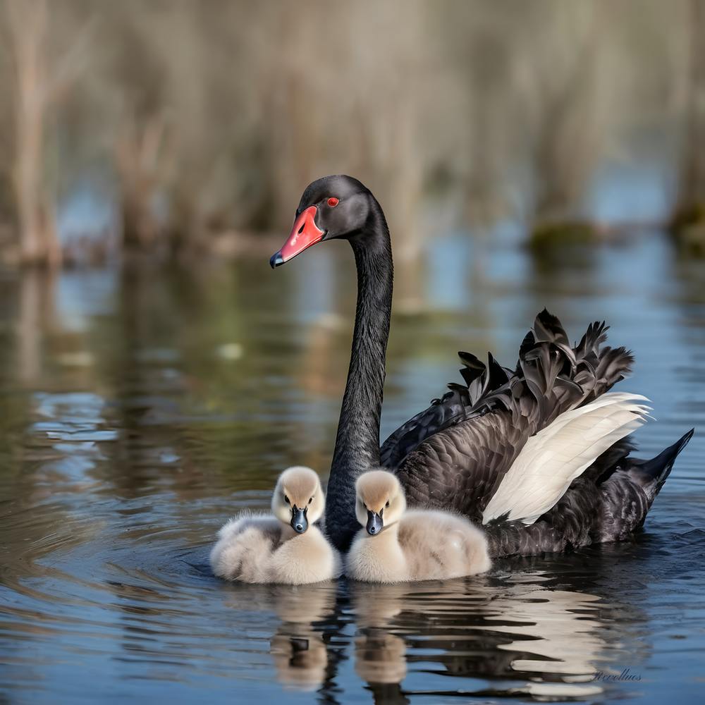 Black Swan with two cygnets
