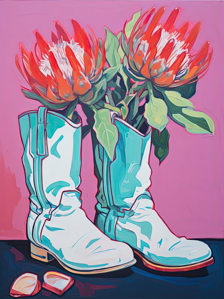A Painting Of Cowboy Boots With Protea Flowers, Fauvist Style, Still Life 1