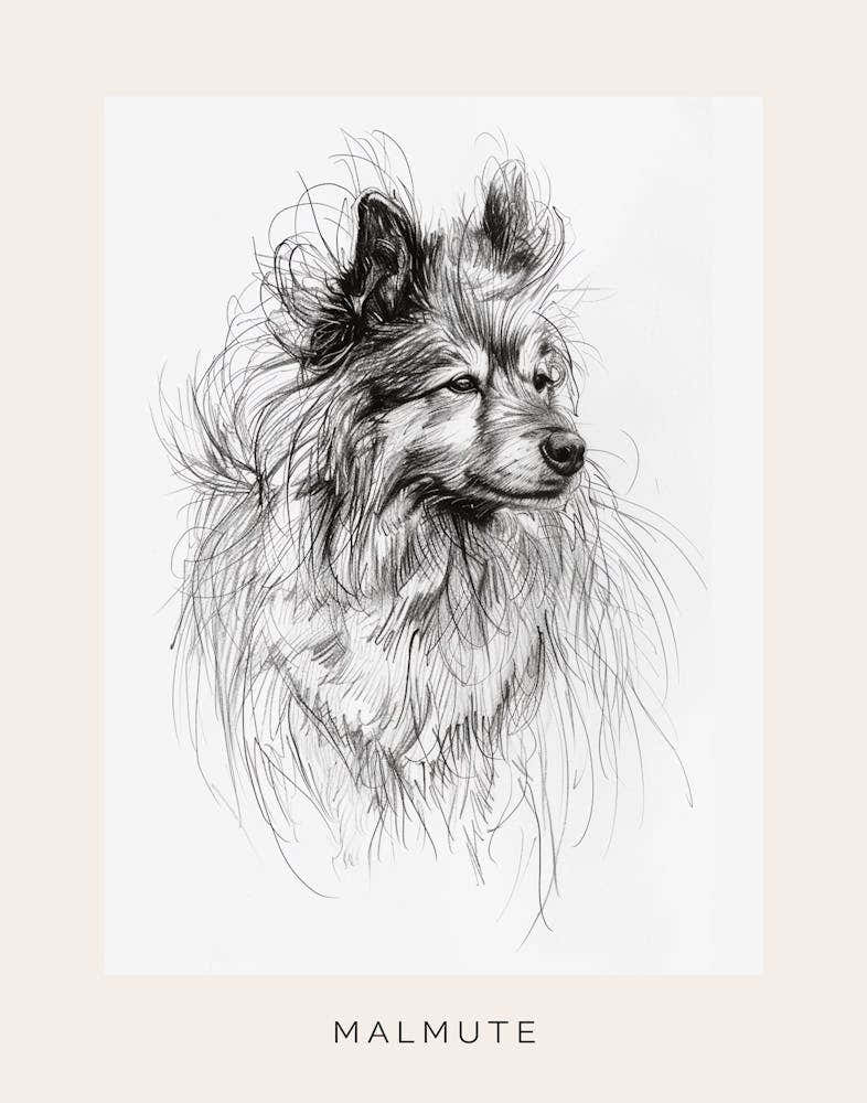 Malmute Furry Dog Line Sketch 2 Poster