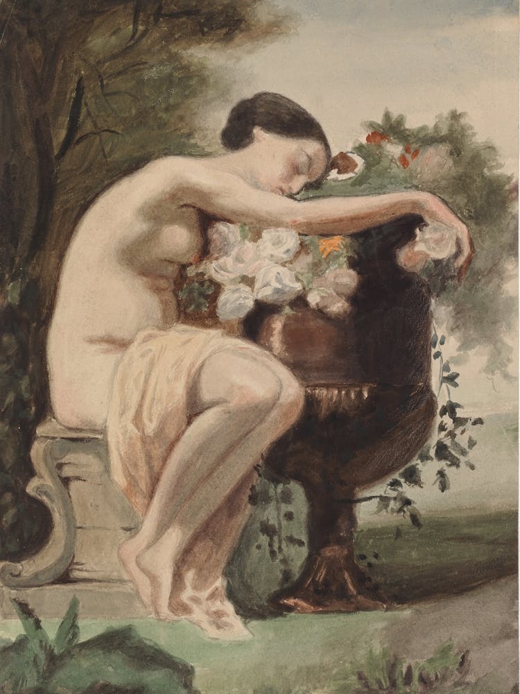 Femme assise, Copie d'après August Jernberg's Nymph By A Flower Urn, 1890 1925, Par Magnus Enckell