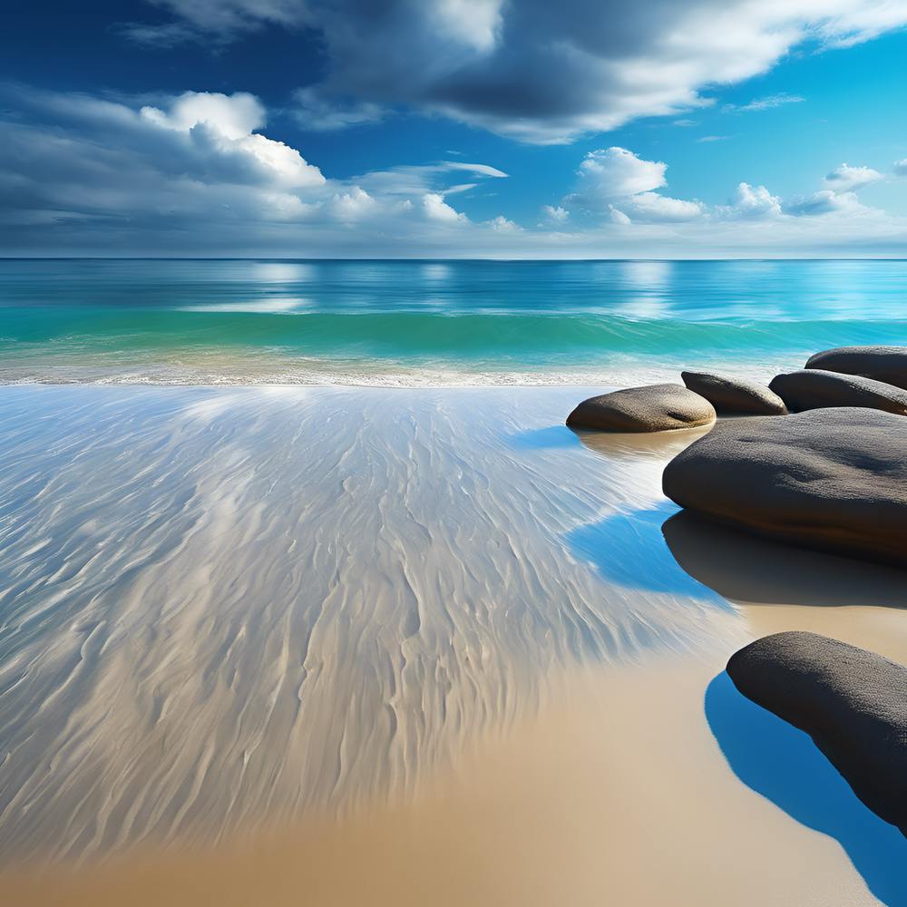 On the Beach, Cotton wool Clouds over a Tranquil Blue Ocean 
