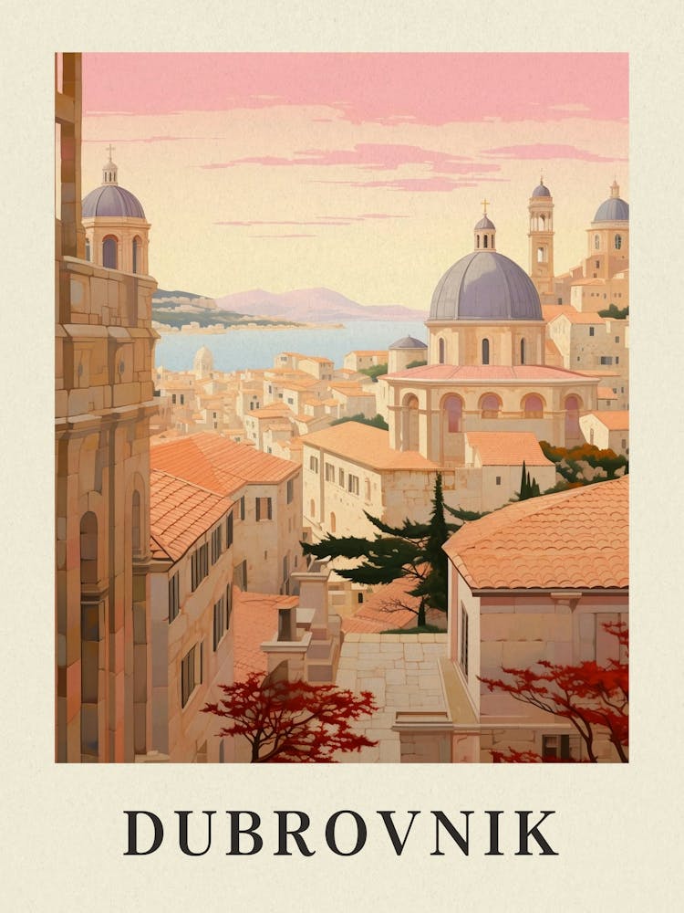 Dubrovnik Croatia 2 Vintage Pink Travel Illustration Poster
