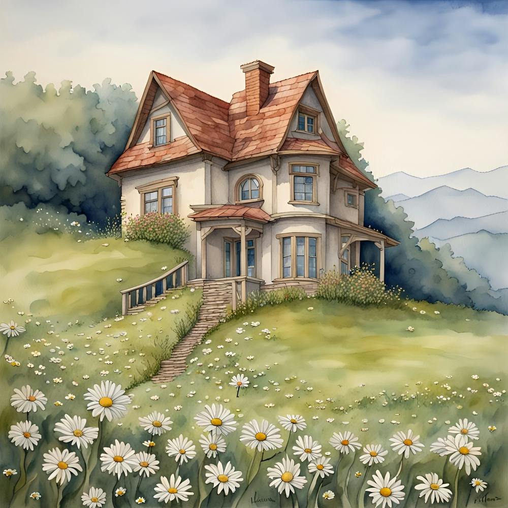 Watercolor House With Daisies 1