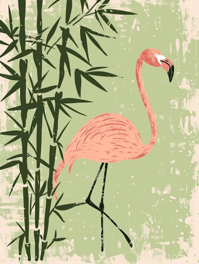 American Flamingo And Bamboo Minimalist Illustration 2