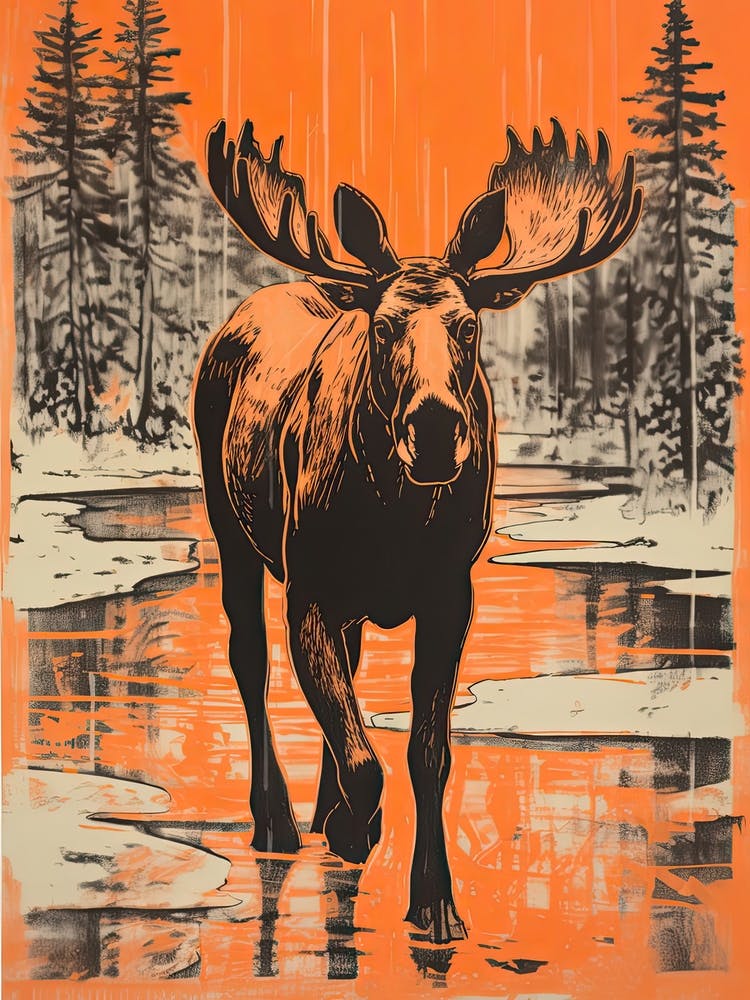 Moose, Woodblock Animal Drawing 3